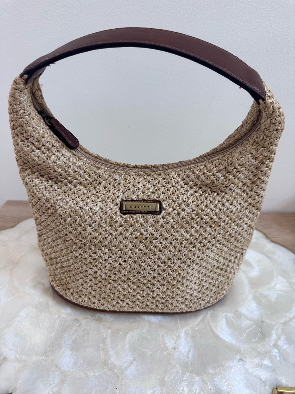 Small straw shoulder bag tan faux leather trim Rosetti classic summer style